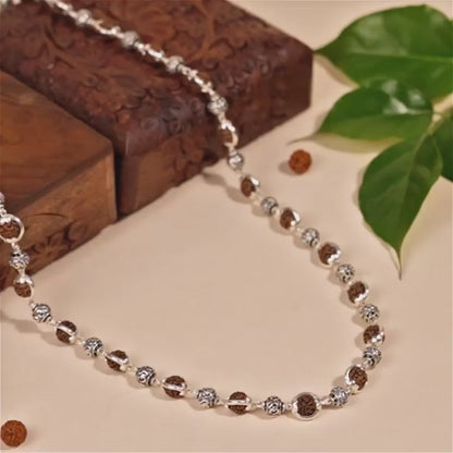 Rudraksha Capping Silver Mala (Om Beads)