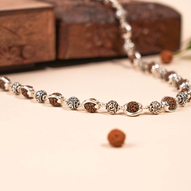 Rudraksha Capping Silver Mala (Om Beads)